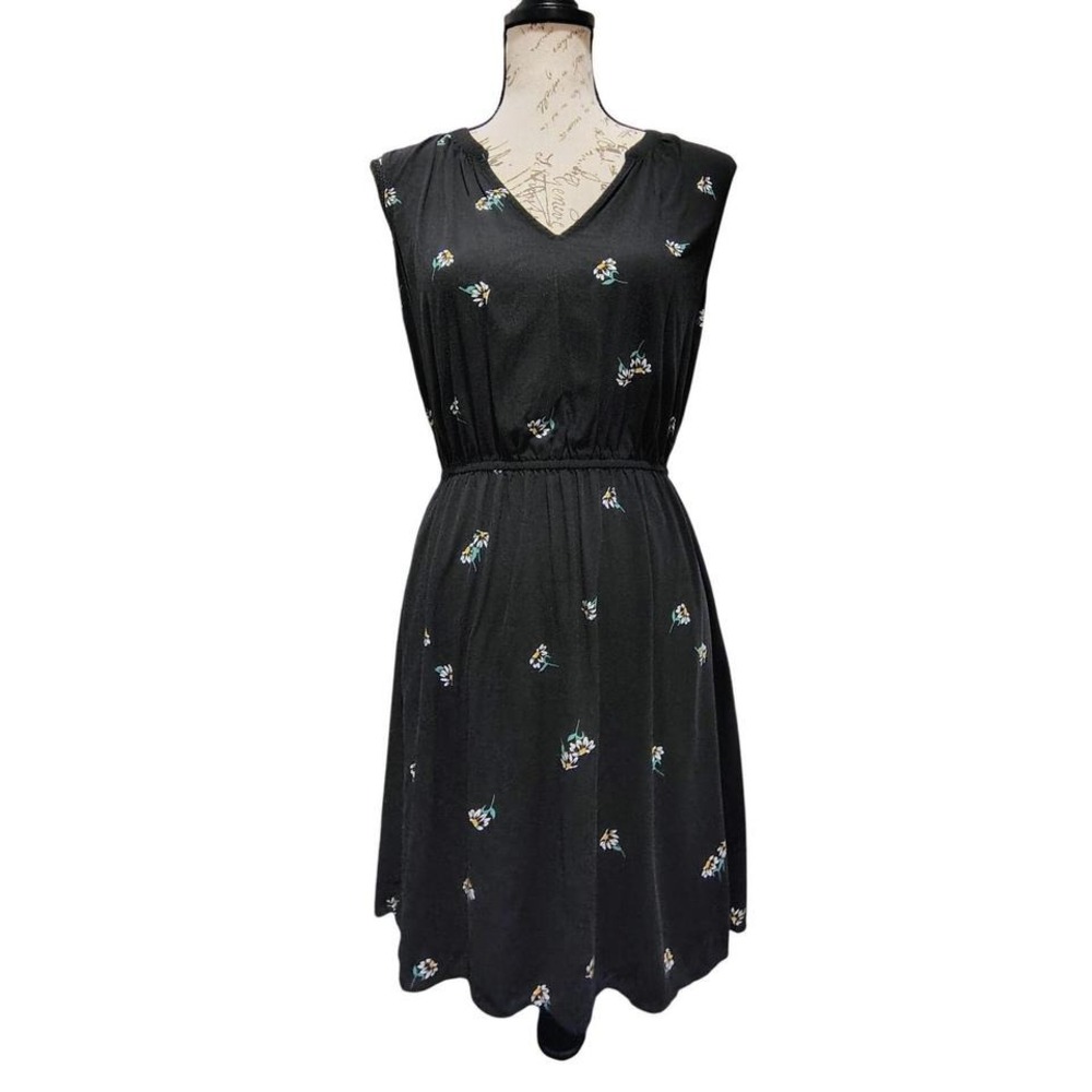 Old Navy Black Ditsy Floral Daisy Print Summer Dress Knee Length Midi Large Boho